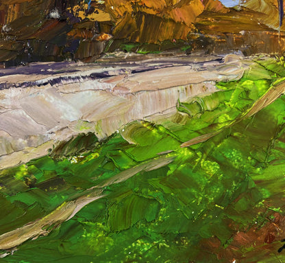 Oil painting Autumn silence on the road by Boris Serdyuk, vibrant green ochre landscape