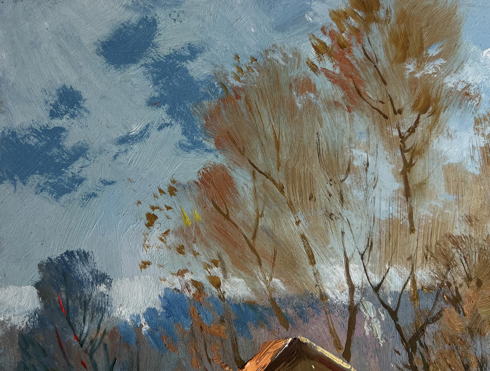 Autumn oil painting by Yuriy Suprunchuk: bare trees and warm leaves on blue sky