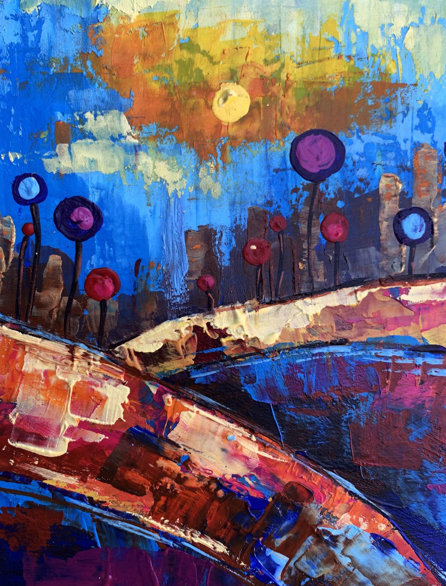 Vibrant oil painting A childhood dream by V. Zadorozhnya with bold blue orange purple flowers