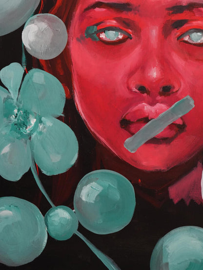 Vibrant red oil portrait Enforced Silence by Victoria Kagalovska, teal eyes, turquoise flowers