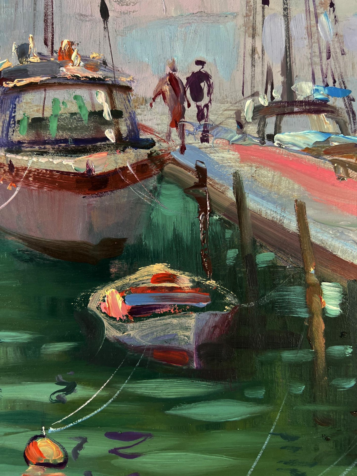 Vibrant impressionistic oil painting by Yuriy Suprunchuk of ship preparing to sail in harbor