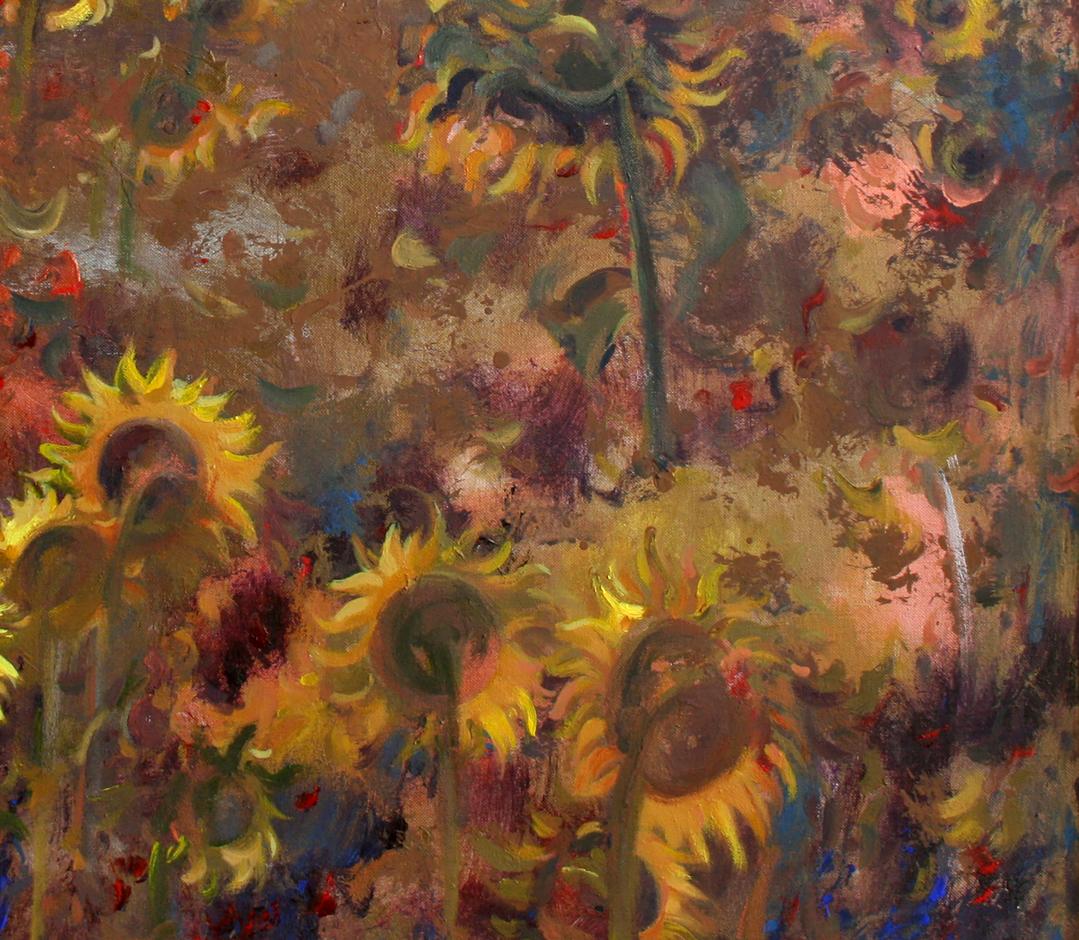 Vibrant yellow sunflowers by Leonid Pavlenko in impressionistic acrylic painting
