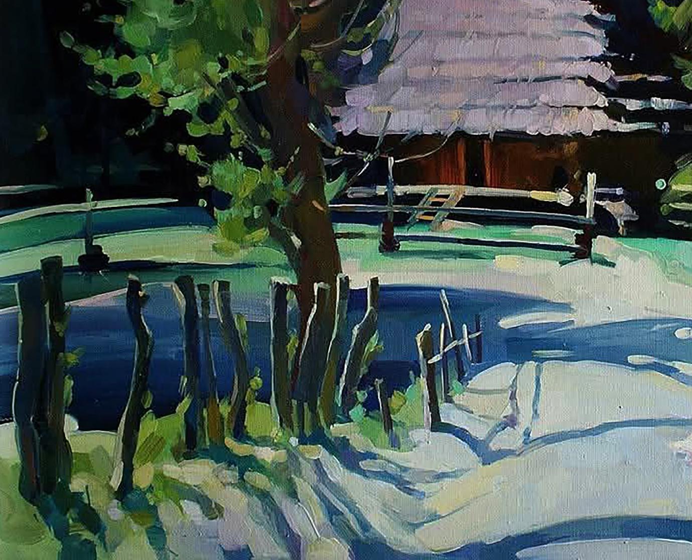 Oil painting by Anastasia Yaroshevich: rustic wooden fence in snowy village landscape