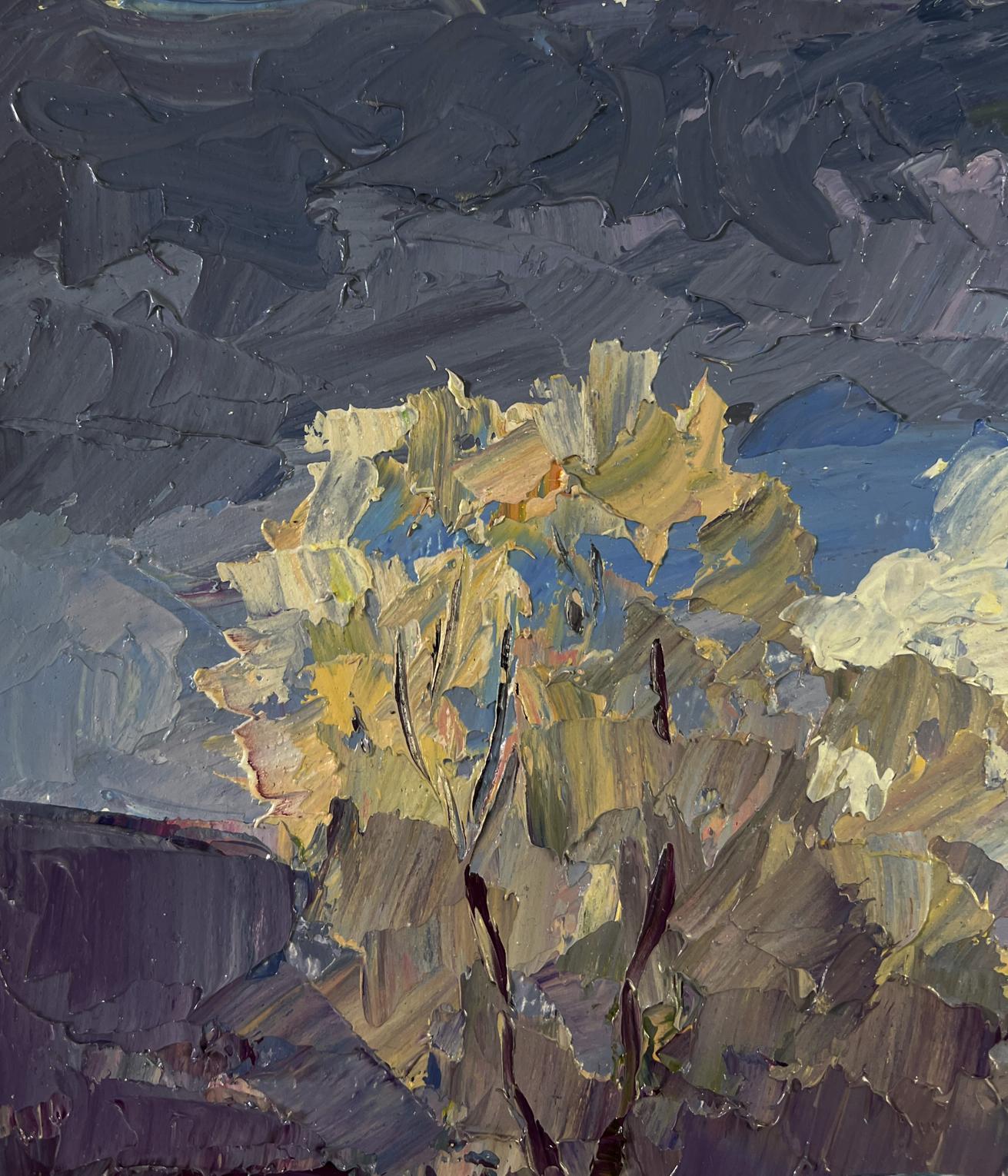 Oil painting The first rays of warm by Boris Serdyuk: textured tree with yellow green leaves against dark cloudy sky