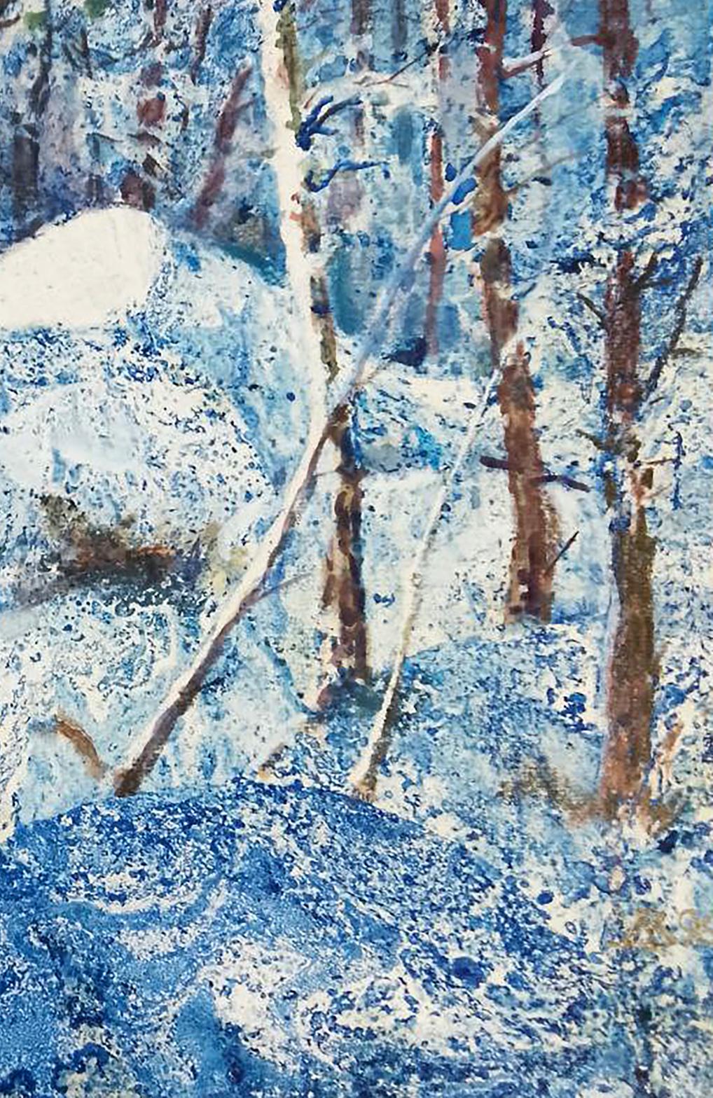 Watercolor snowy forest by Vitaly Duhnevich, blue white tones