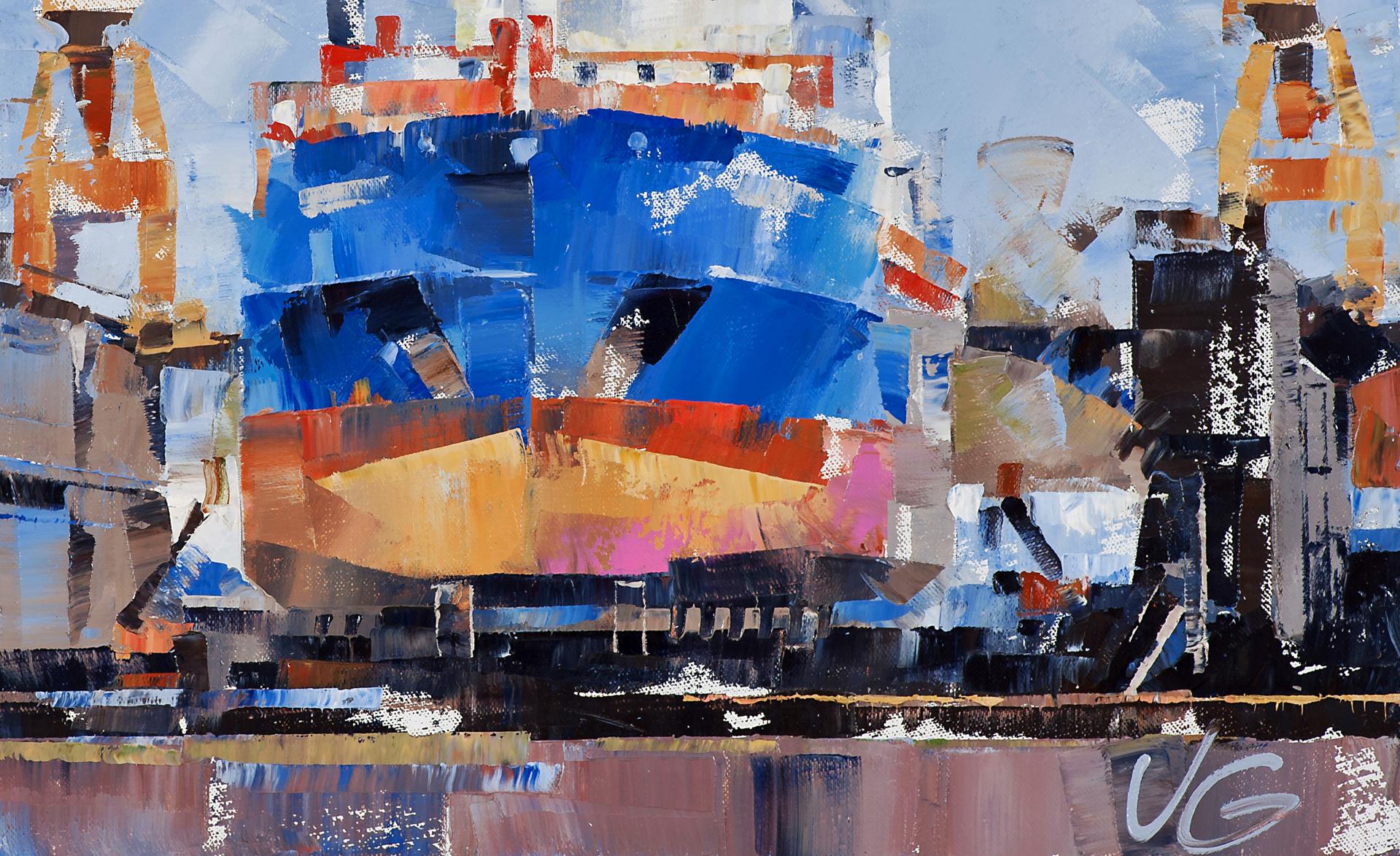 Vibrant abstract oil painting of cargo ship by Eileen C Volodymyr Gluhomanyuk
