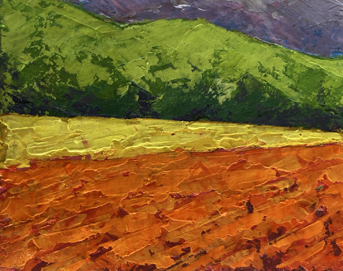 Oil painting of mountains in evening sun by V. Zadorozhnya, vibrant green hills