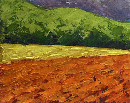 Oil painting of mountains in evening sun by V. Zadorozhnya, vibrant green hills