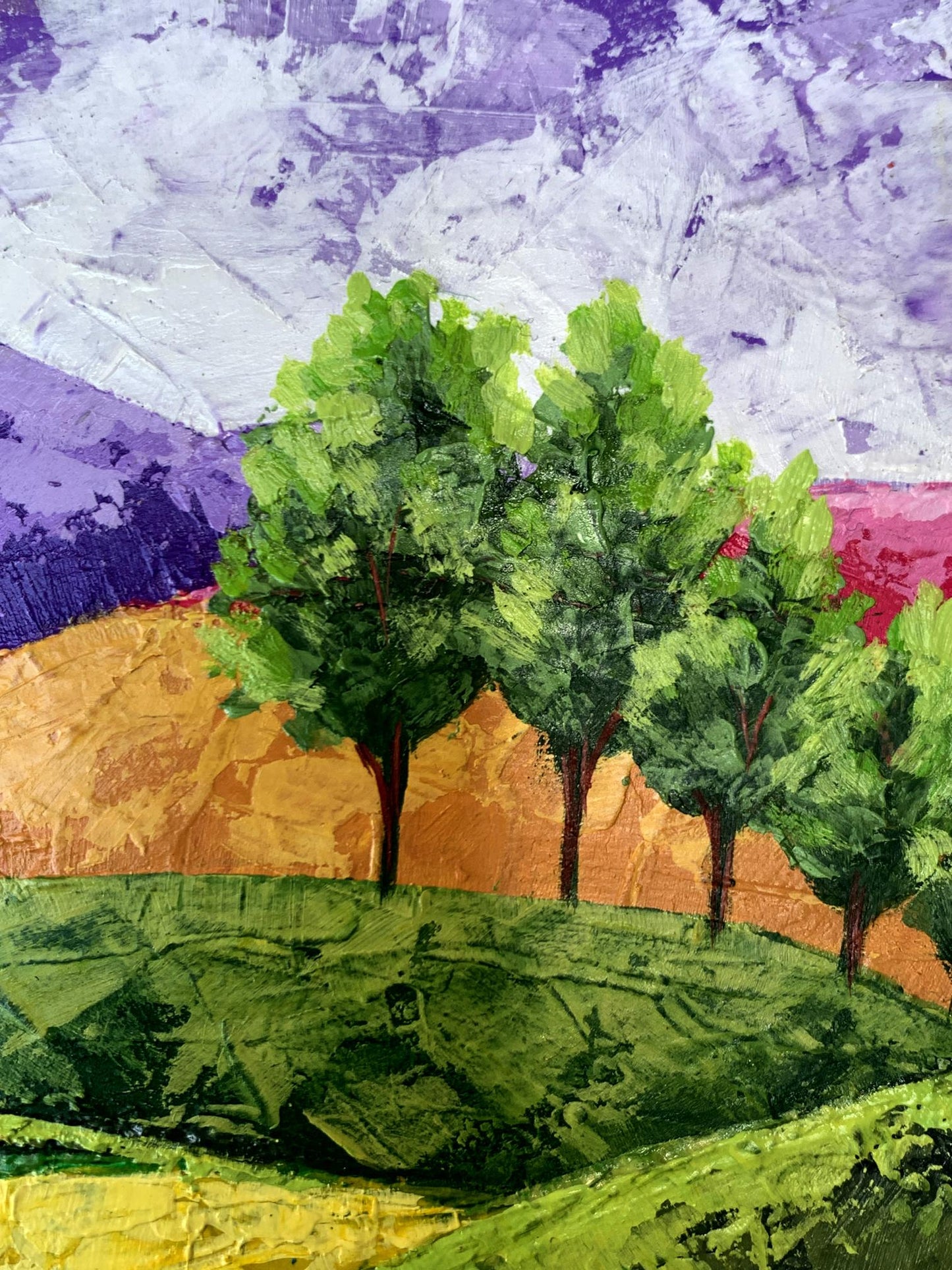 Oil painting Walking through the mountain fields V. Zadorozhnya vibrant trees on hill