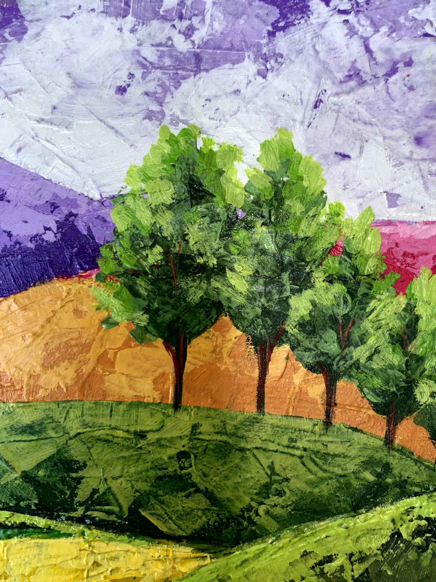 Oil painting Walking through the mountain fields V. Zadorozhnya vibrant trees on hill