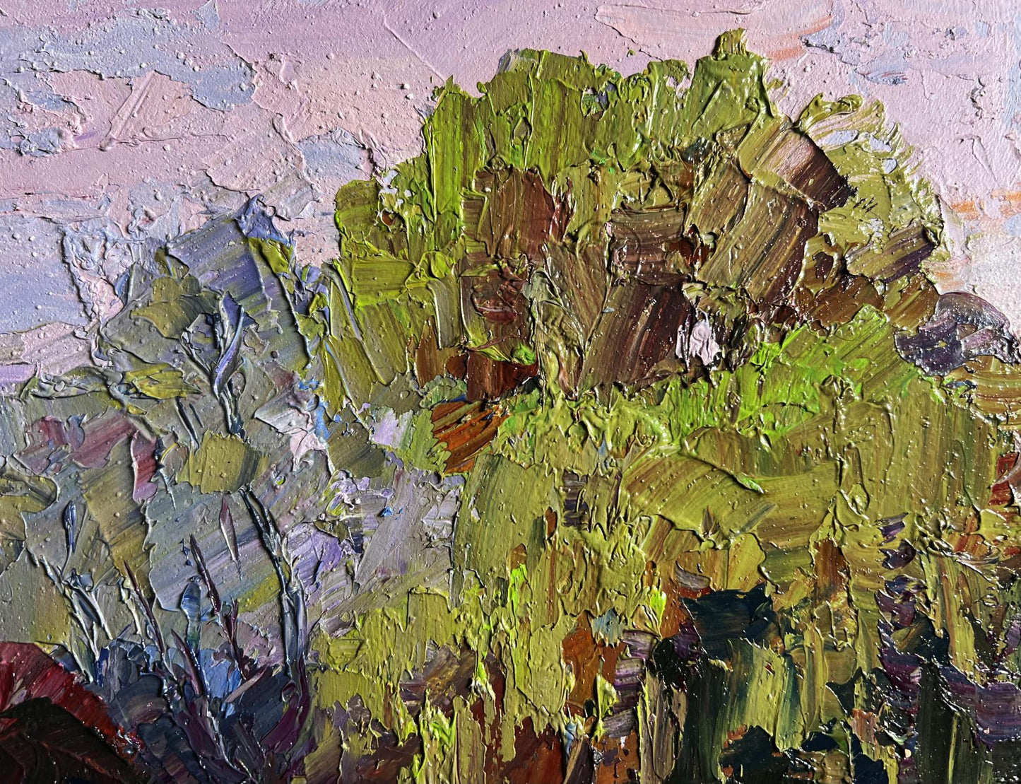 Oil painting Hot August Day by Boris Serdyuk: textured impressionist bush in pink sky