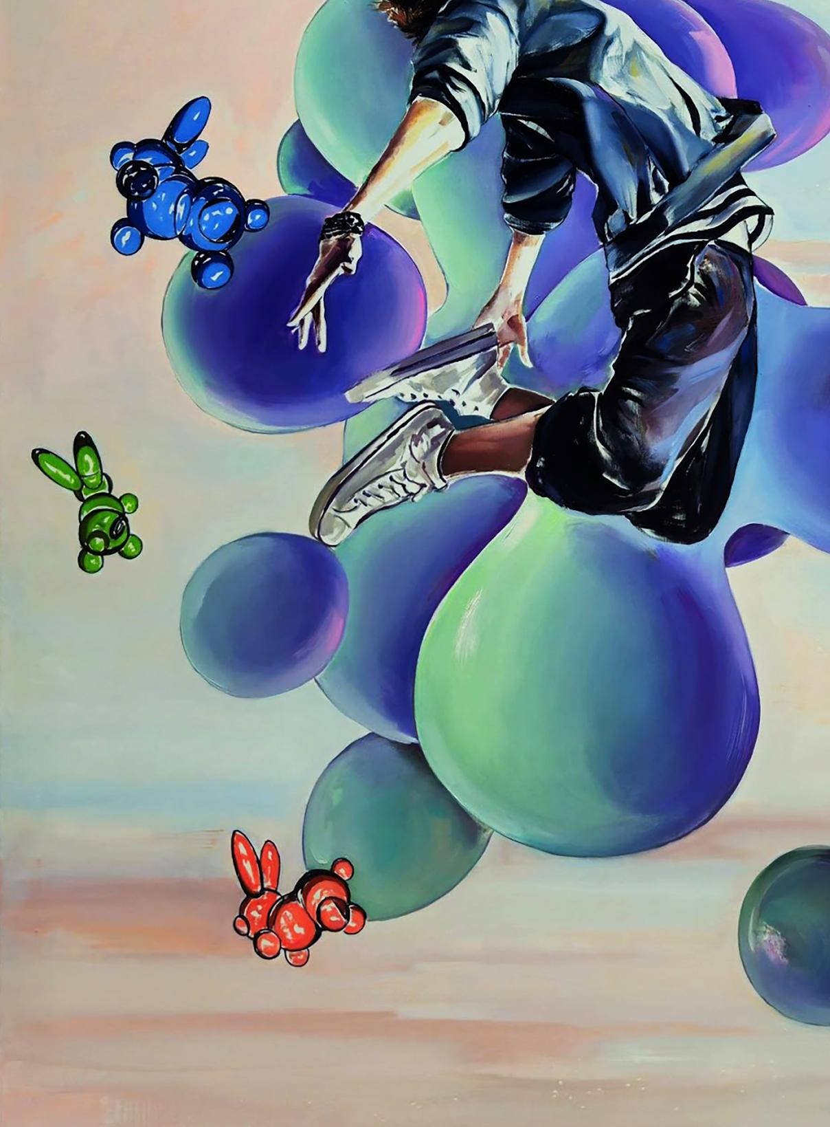 Oil painting of TikTok man Igor Konovalov jumping amid blue green balloons
