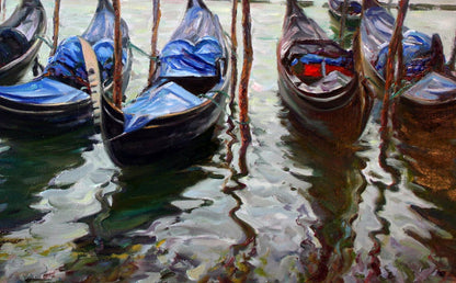 Oil painting of black gondolas with blue covers by Leonid Pavlenko