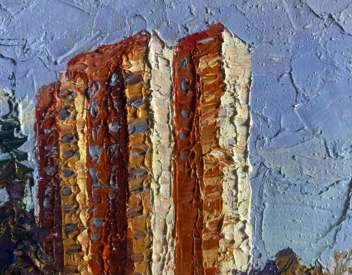 Oil painting Summer city park by Boris Serdyuk, red gold buildings blue sky