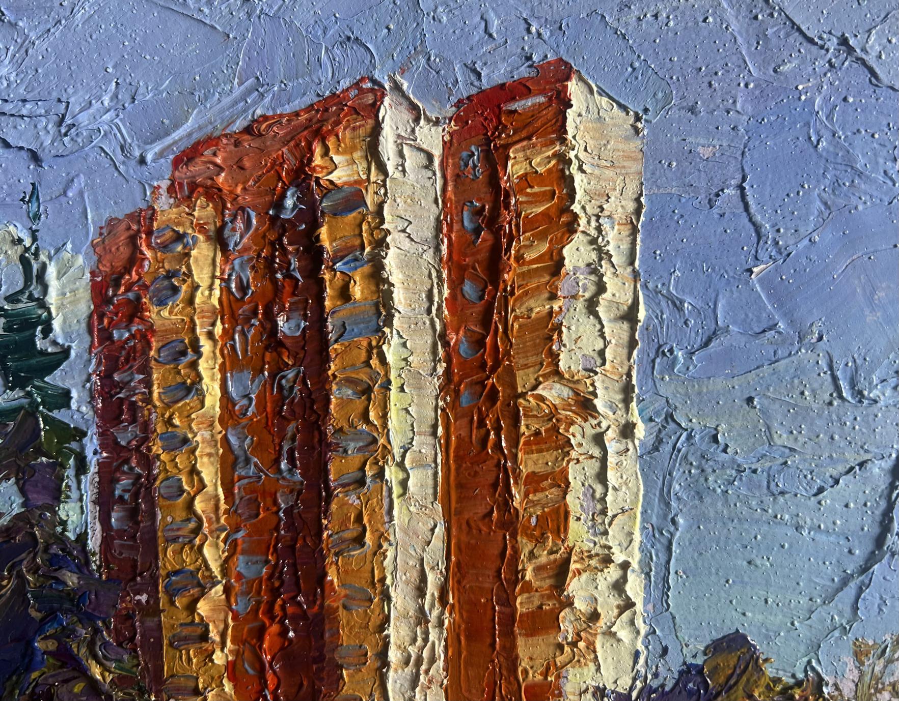 Oil painting Summer city park by Boris Serdyuk, red gold buildings blue sky
