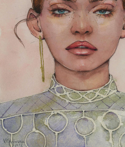 Watercolor portrait Gaze girl by Victoria Kagalovska, blue-eyed freckled woman