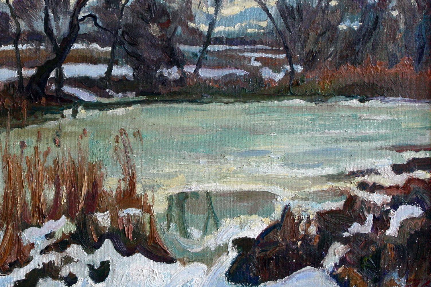 Oil painting Thaw by Leonid Pavlenko: frozen lake, snow reeds, bare trees