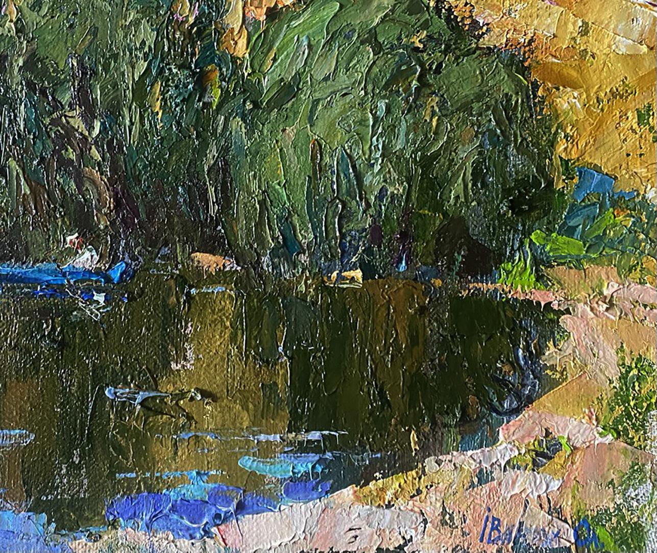 Textured impressionist oil painting of boat on lake by Oleksiy Ivanyuk