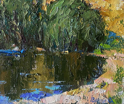 Textured impressionist oil painting of boat on lake by Oleksiy Ivanyuk