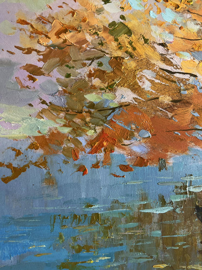 Vibrant impressionist oil painting On the autumn river by Yuriy Suprunchuk