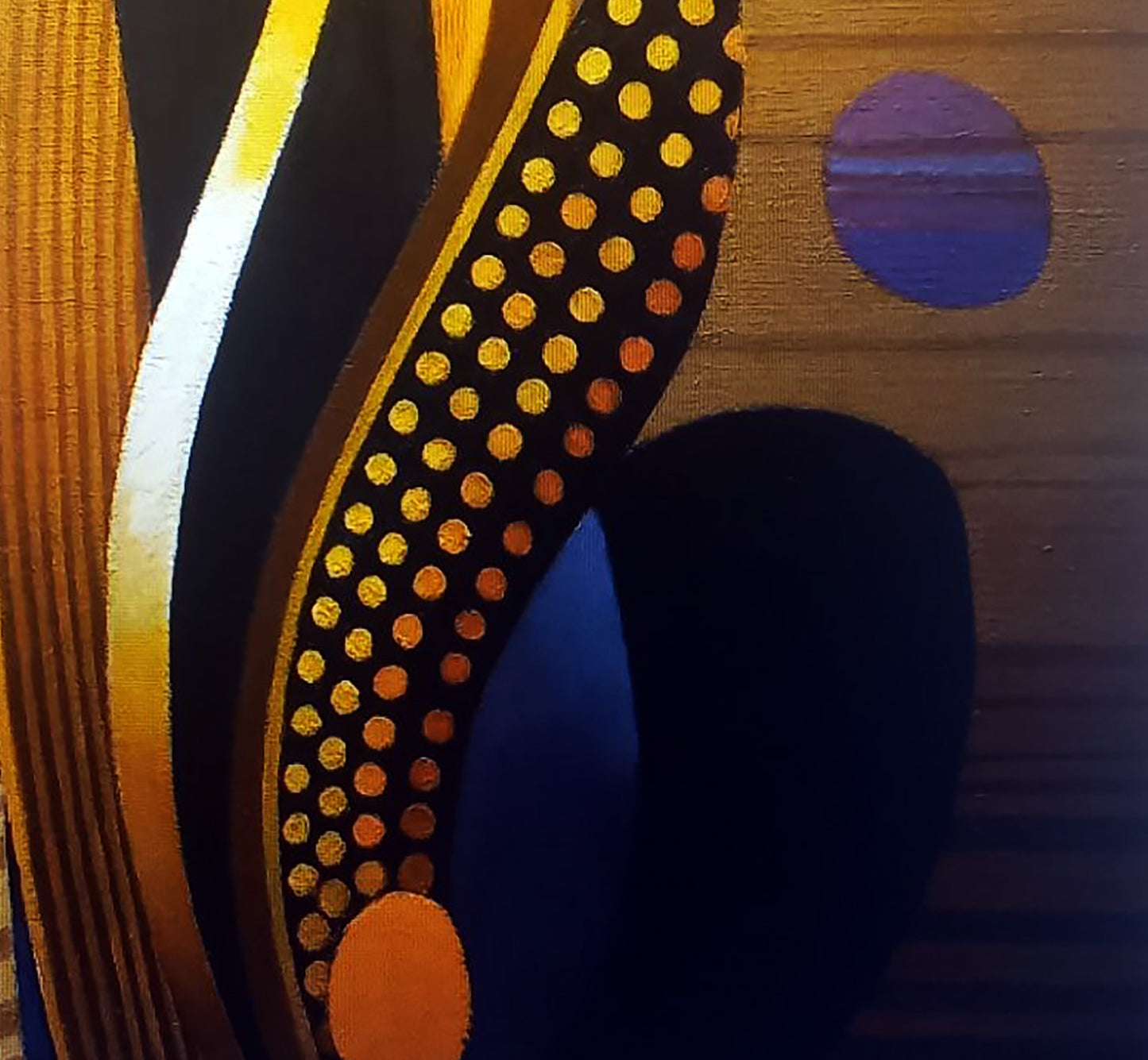Oil painting Fantasy by Alexander Strashevich: black curved band with golden orange polka dots on wood tones