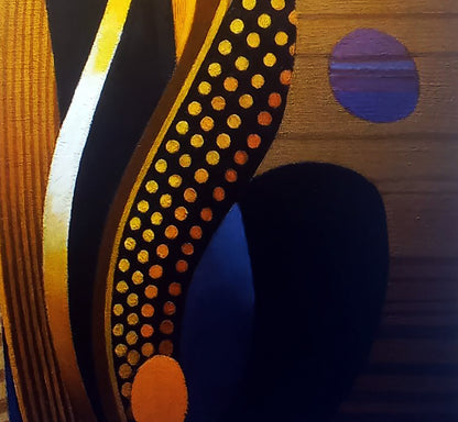 Oil painting Fantasy by Alexander Strashevich: black curved band with golden orange polka dots on wood tones