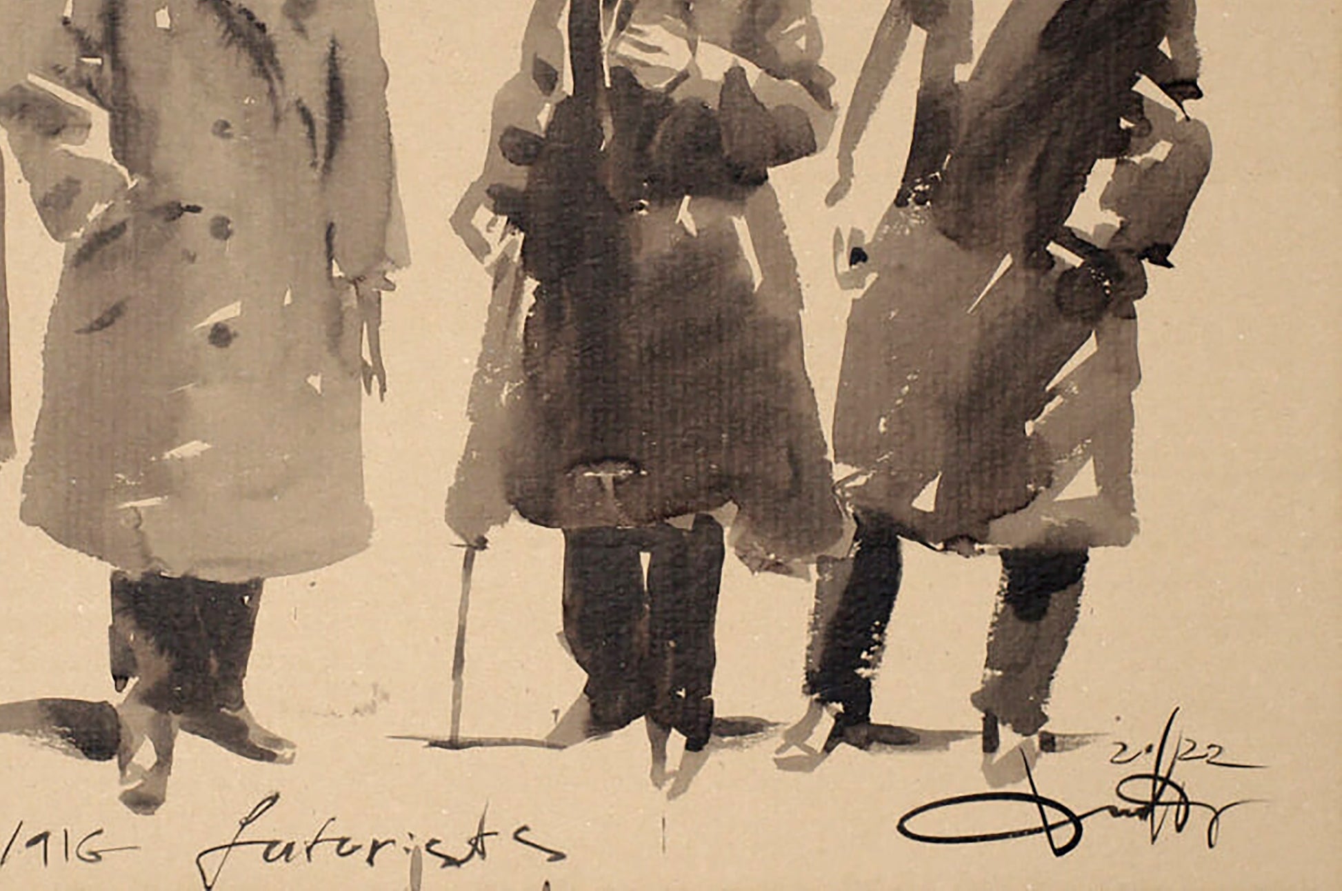 Sepia ink painting of Italian Futurists in Paris by Dima Filatov