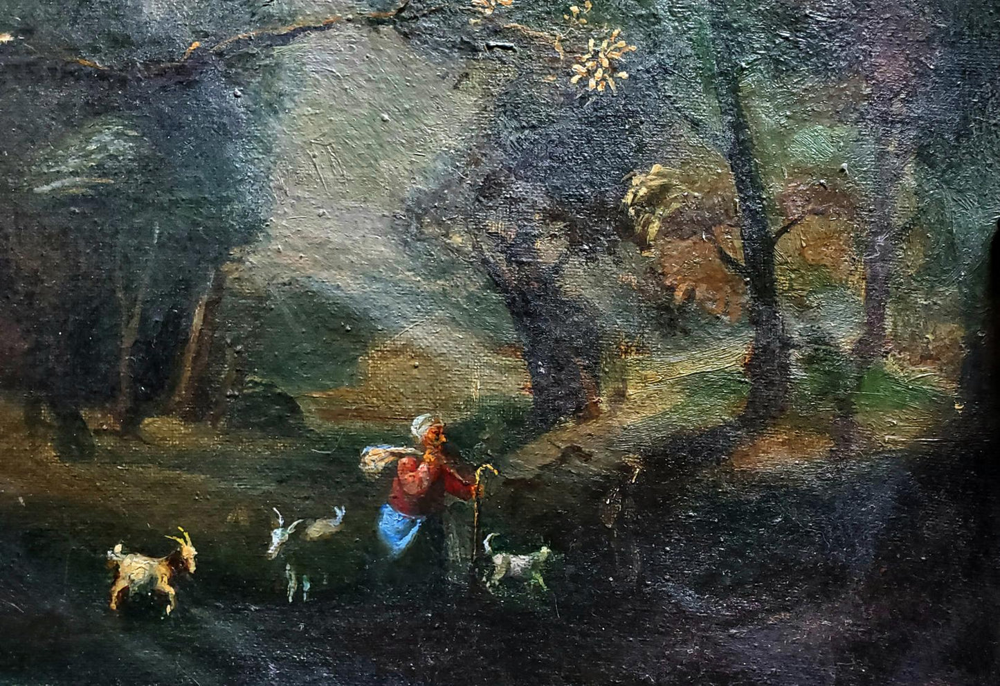 Rustic oil painting by Daniil Litvinov: shepherd guiding goats in woods