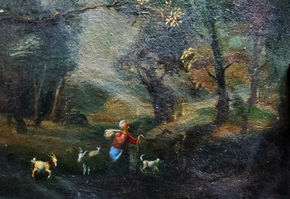 Rustic oil painting by Daniil Litvinov: shepherd guiding goats in woods