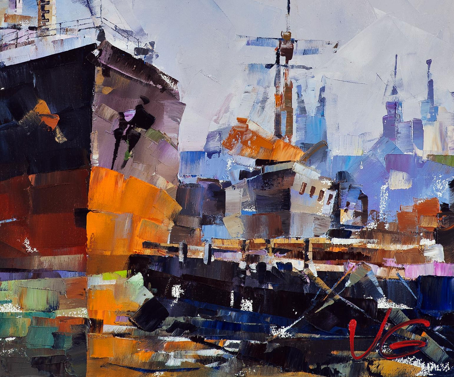 Abstract oil painting Ships at the old lighthouse by Volodymyr Gluhomanyuk