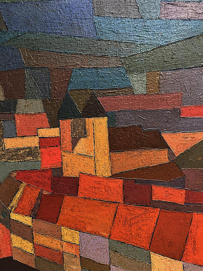 Oil painting Evening city by Serhiy Kovalev, abstract village in oranges, blues