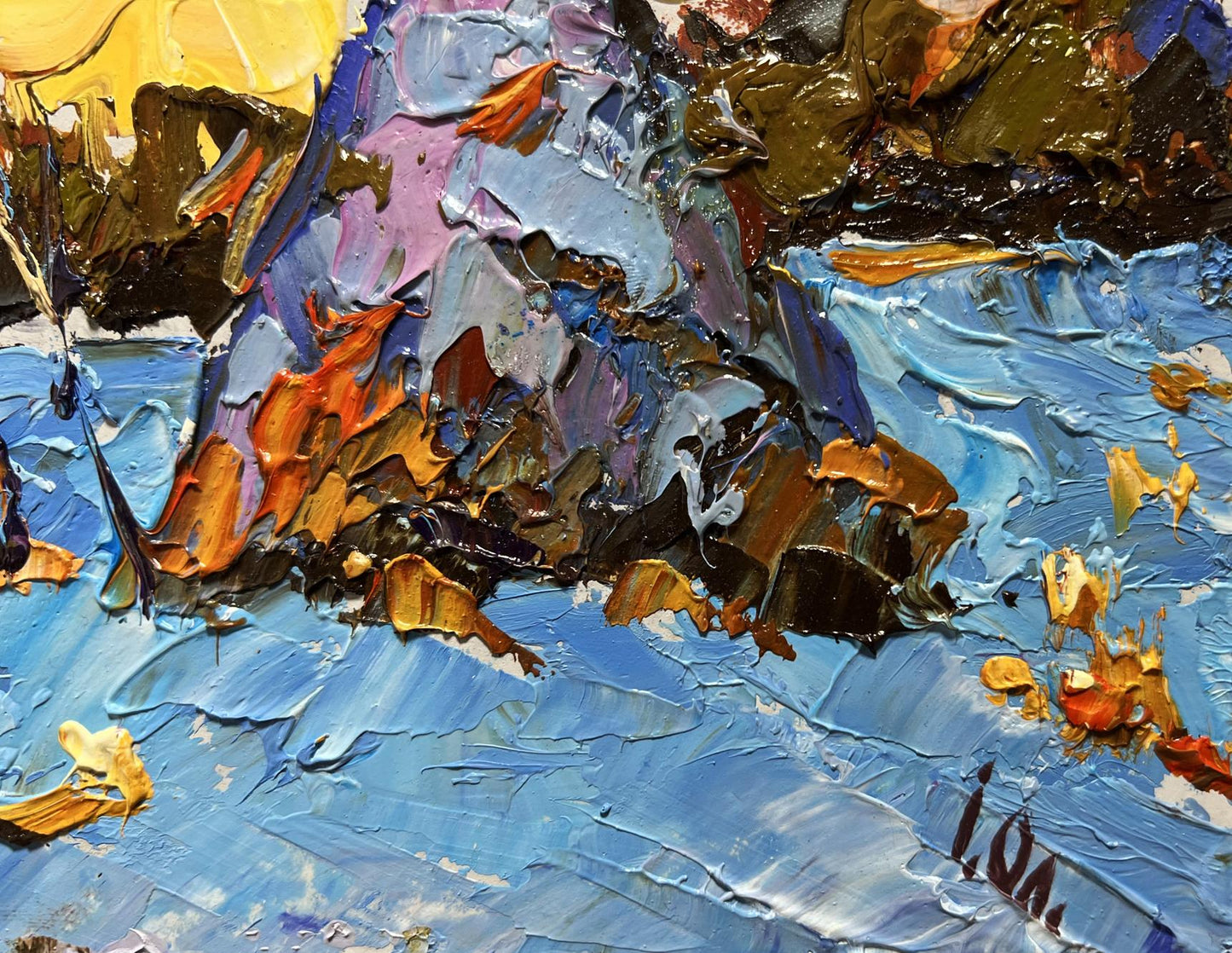 Oil painting Snow blue by Oleksiy Ivanyuk, vibrant blue purple orange yellow brushstrokes