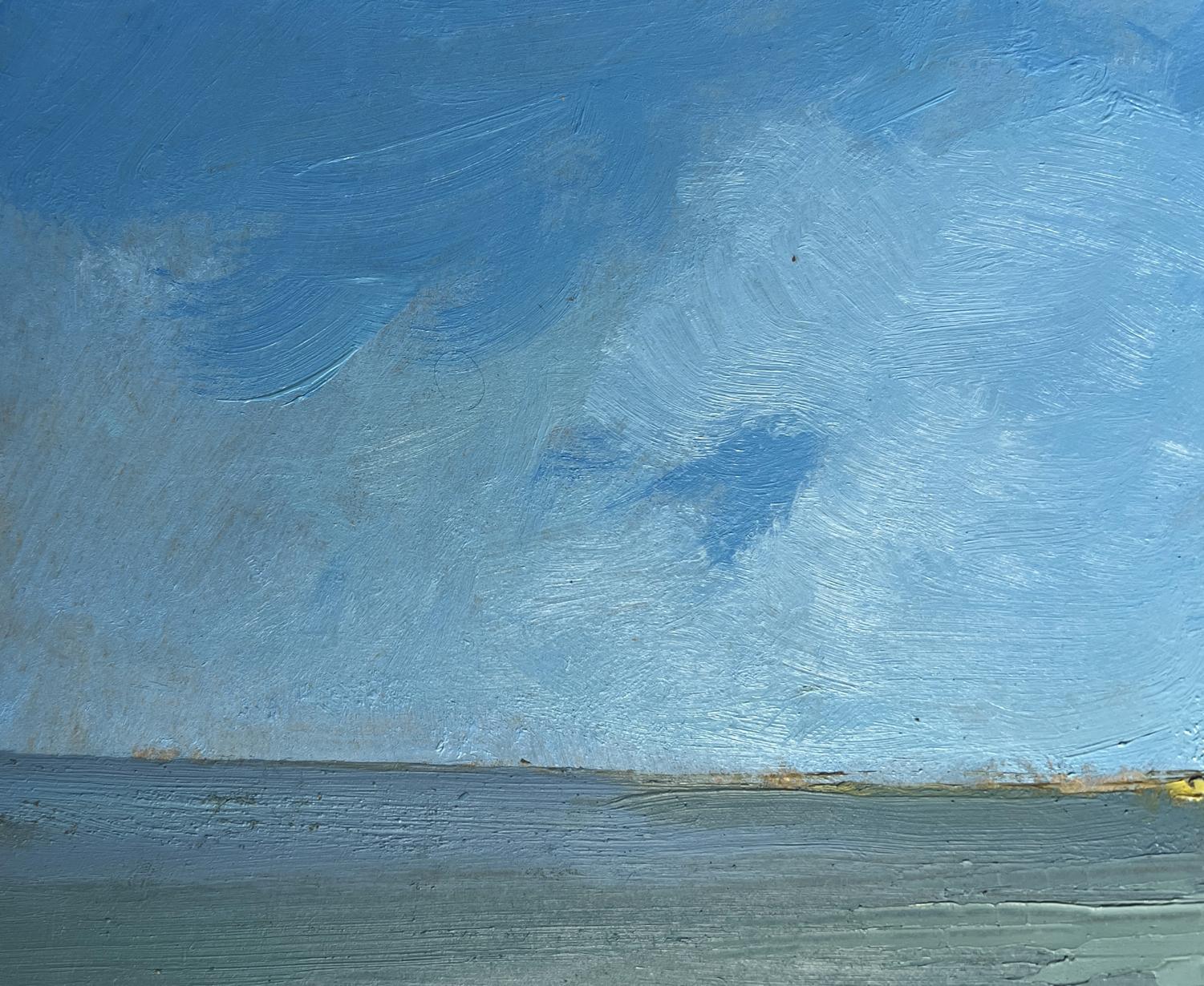 Oil painting of textured blue sky with clouds over calm sea by Yuriy Suprunchuk