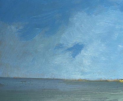 Oil painting of textured blue sky with clouds over calm sea by Yuriy Suprunchuk