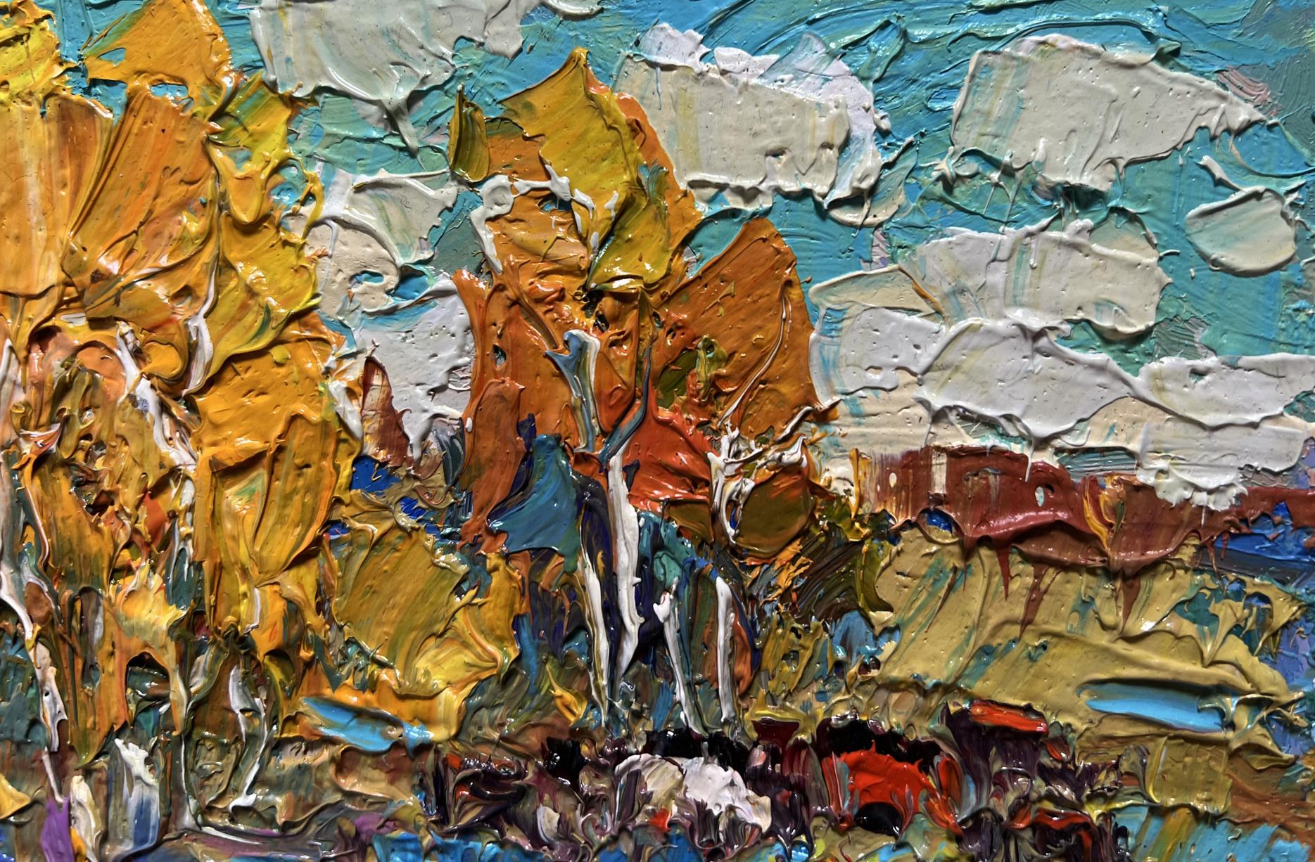 Oil painting Autumn sunny day by Oksana Ivanyuk with golden impasto on teal