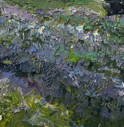 Oil painting of mountain meadows by Boris Serdyuk, impasto green purple gray