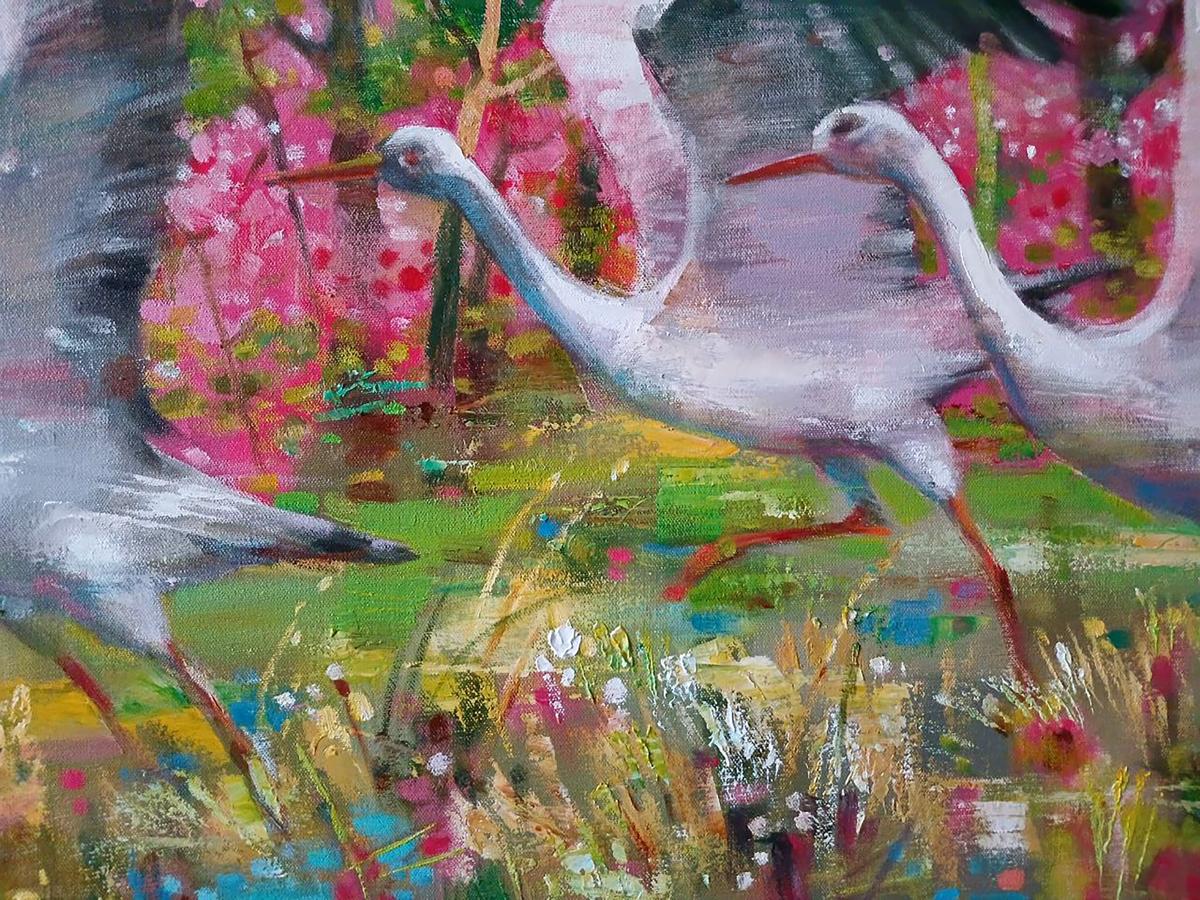 Oil painting Storks on a flower meadow Anatoly Tarabanov