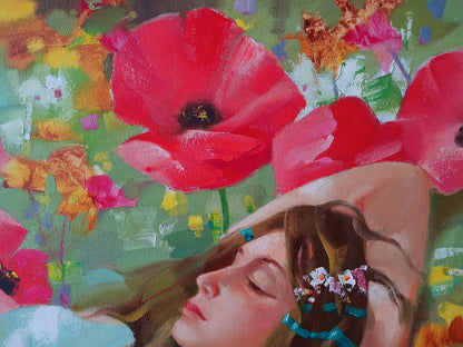Abstract oil painting of vibrant red poppy by Anatoly Tarabanov