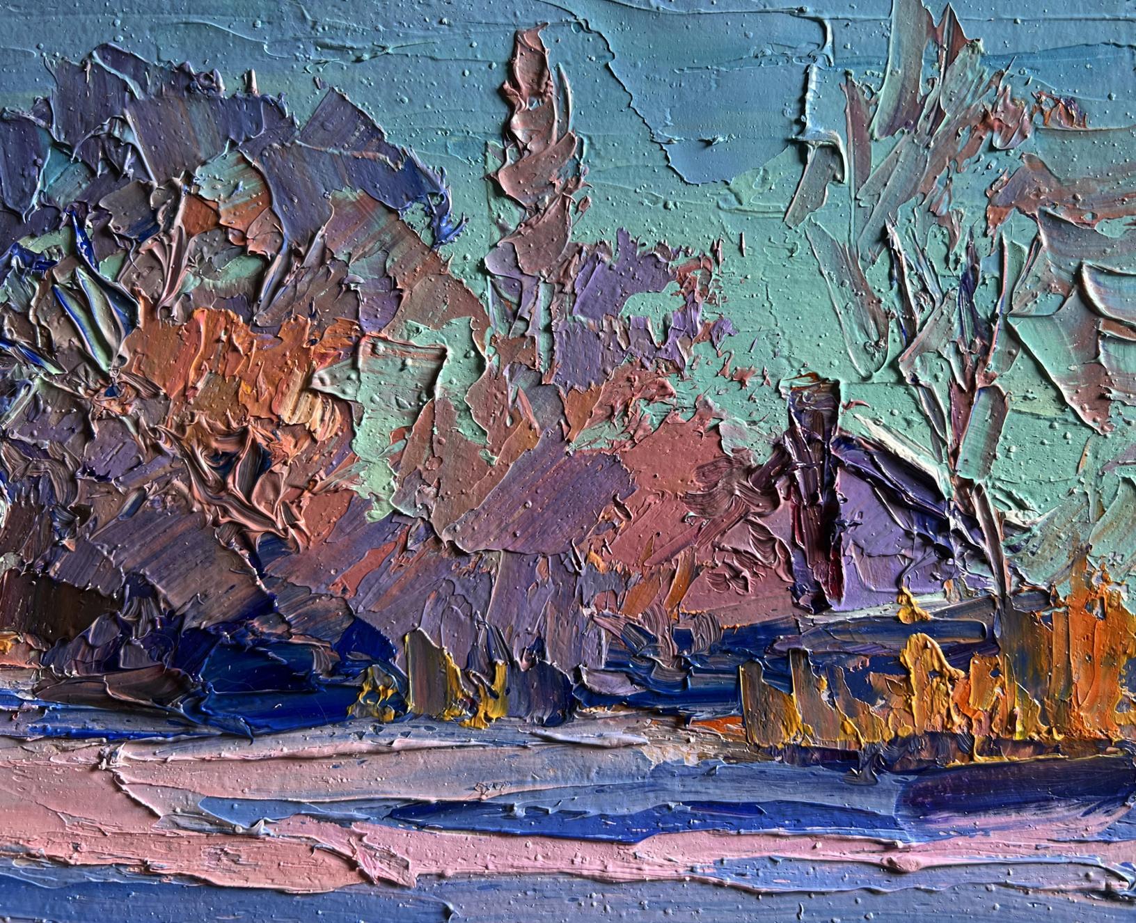 Oil painting Pink morning in winter by Boris Serdyuk with teal purple orange blue brushstrokes