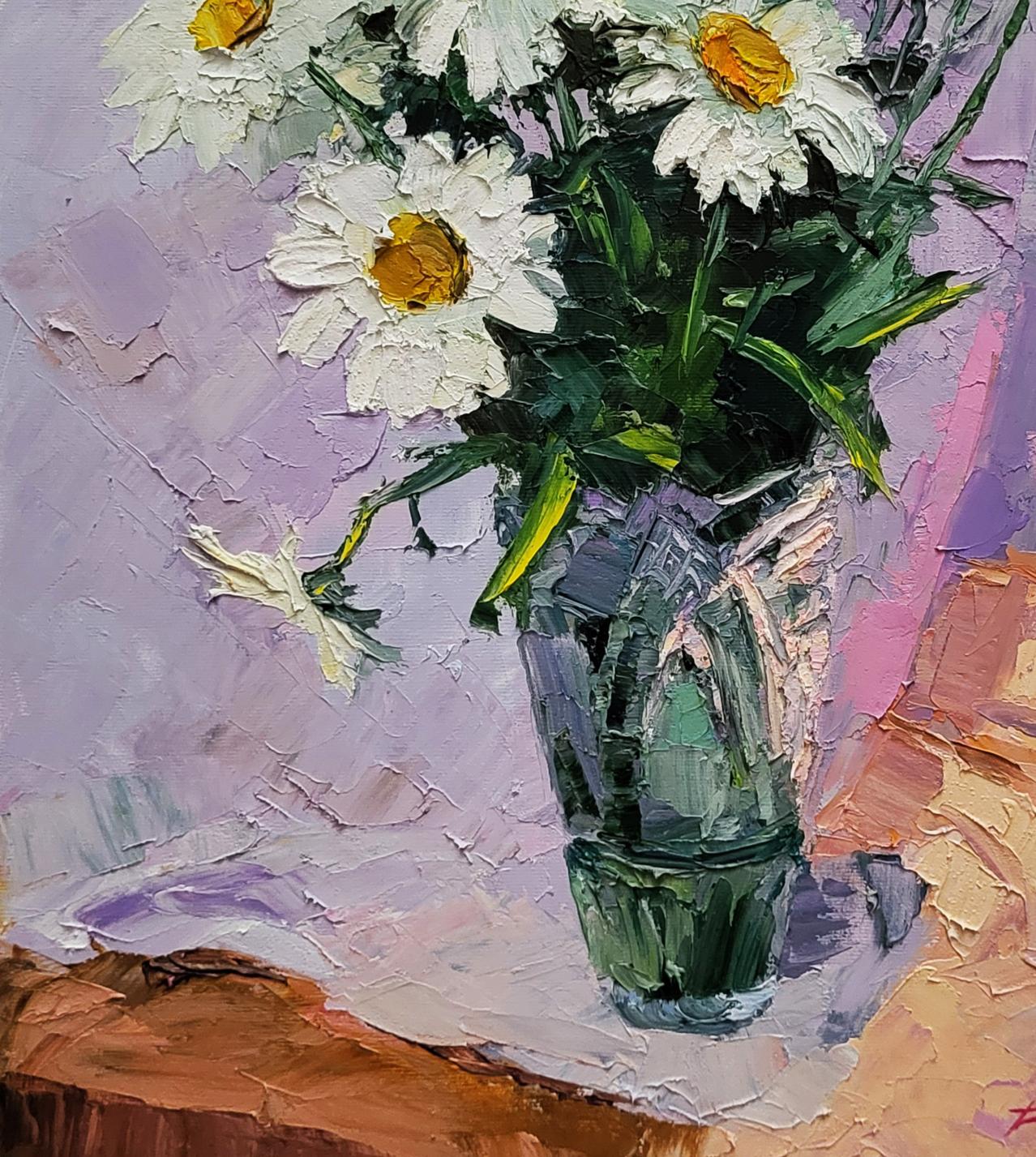 Oil painting of green glass vase with Boris Serdyuk bouquet of white daisies