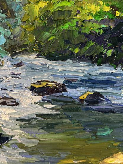 Vibrant impressionist oil painting of crystal water stream among rocky giants by Boris Serdyuk