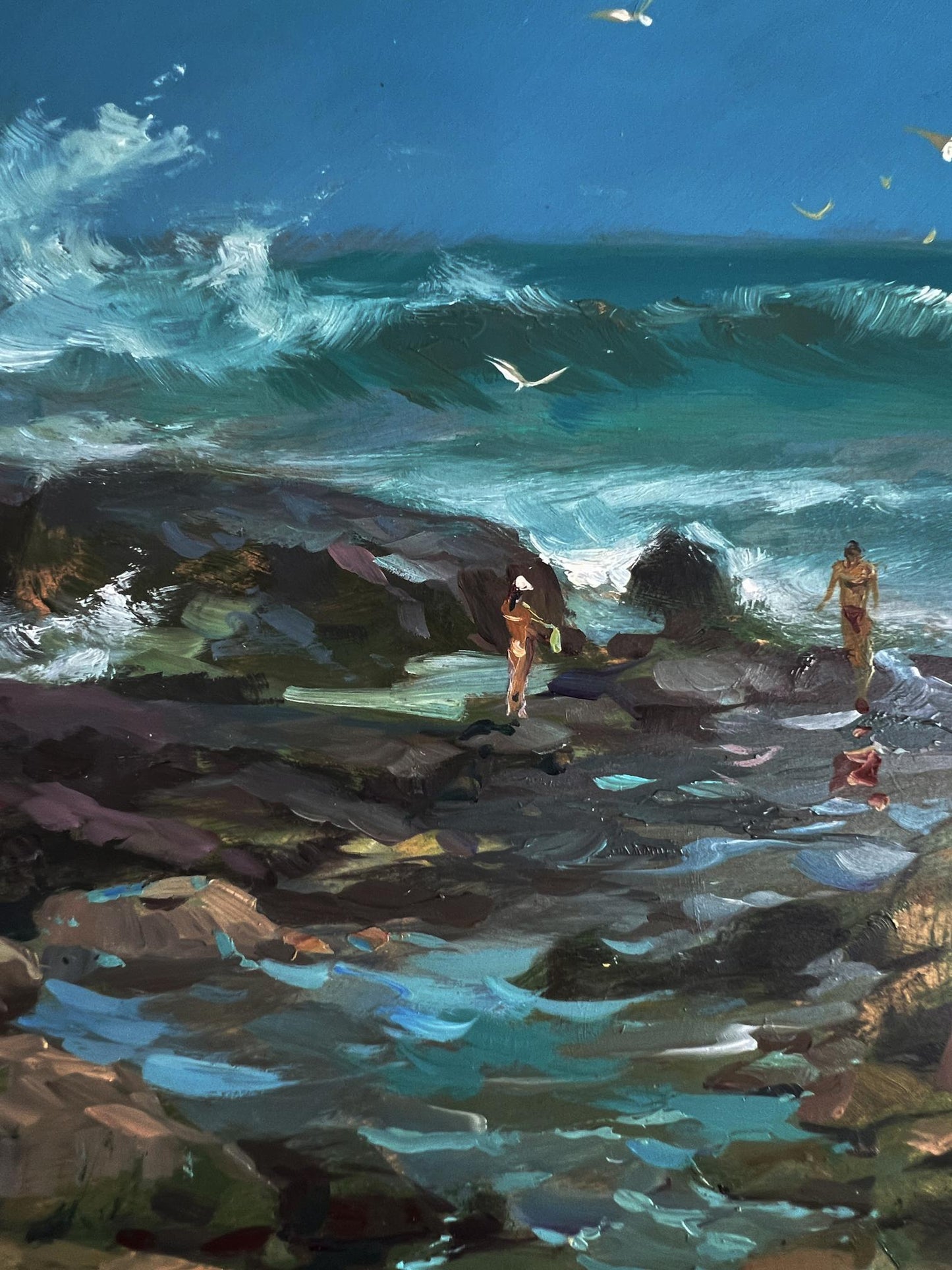 Oil painting Seashore with people by Yuriy Suprunchuk: turquoise waves on rocks