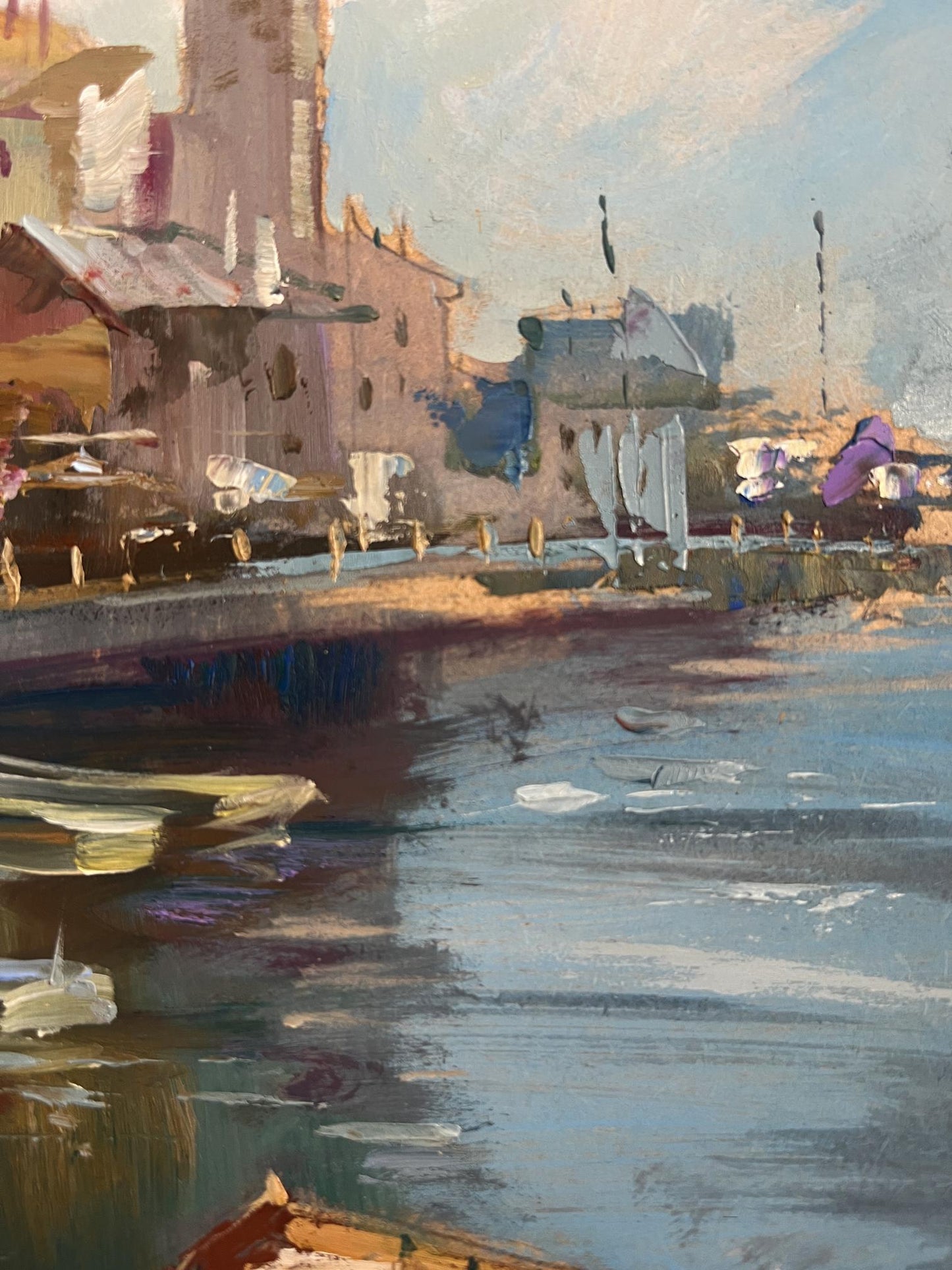 Textured impressionistic oil painting of busy city port by Yuriy Suprunchuk