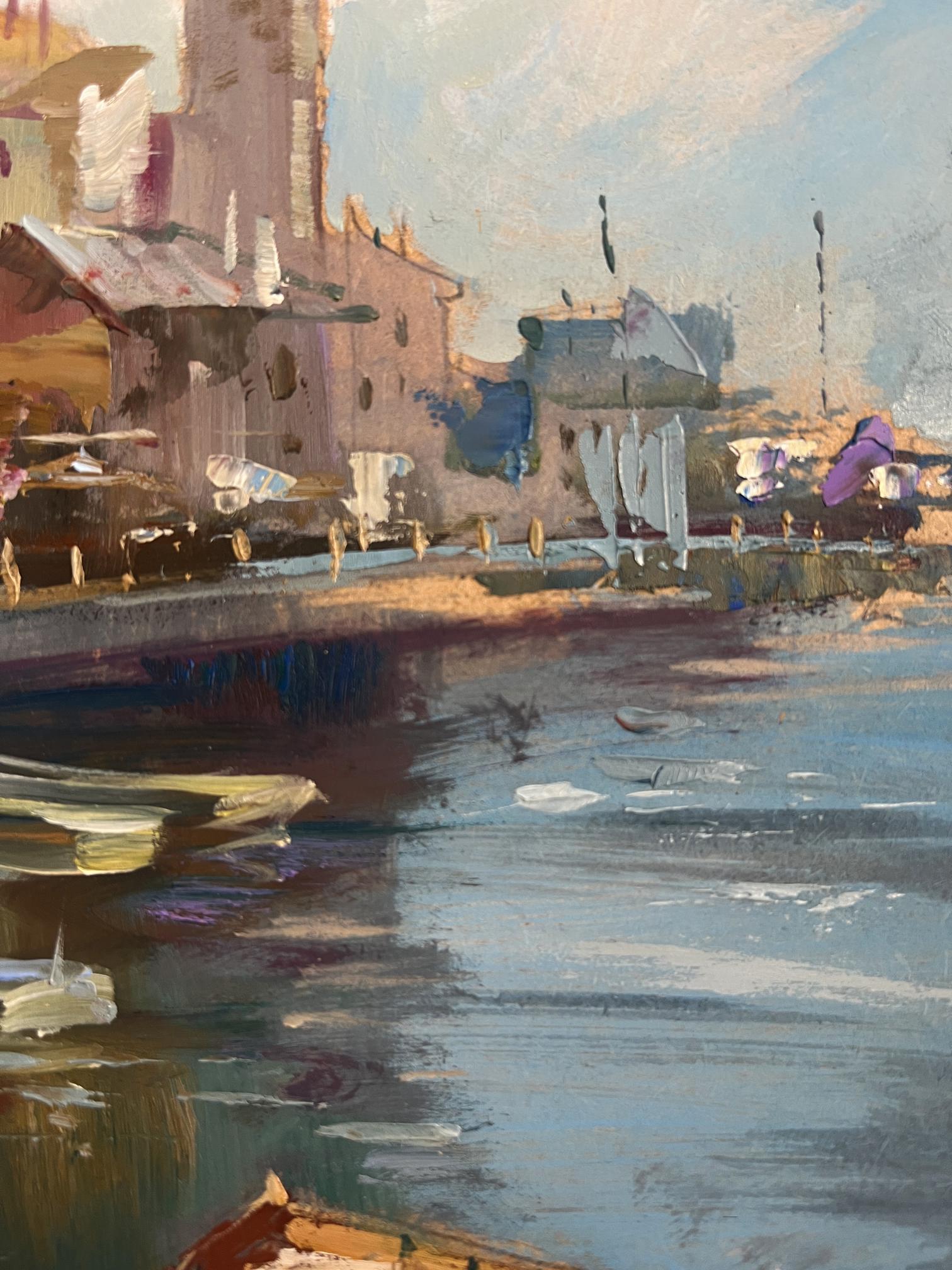 Textured impressionistic oil painting of busy city port by Yuriy Suprunchuk