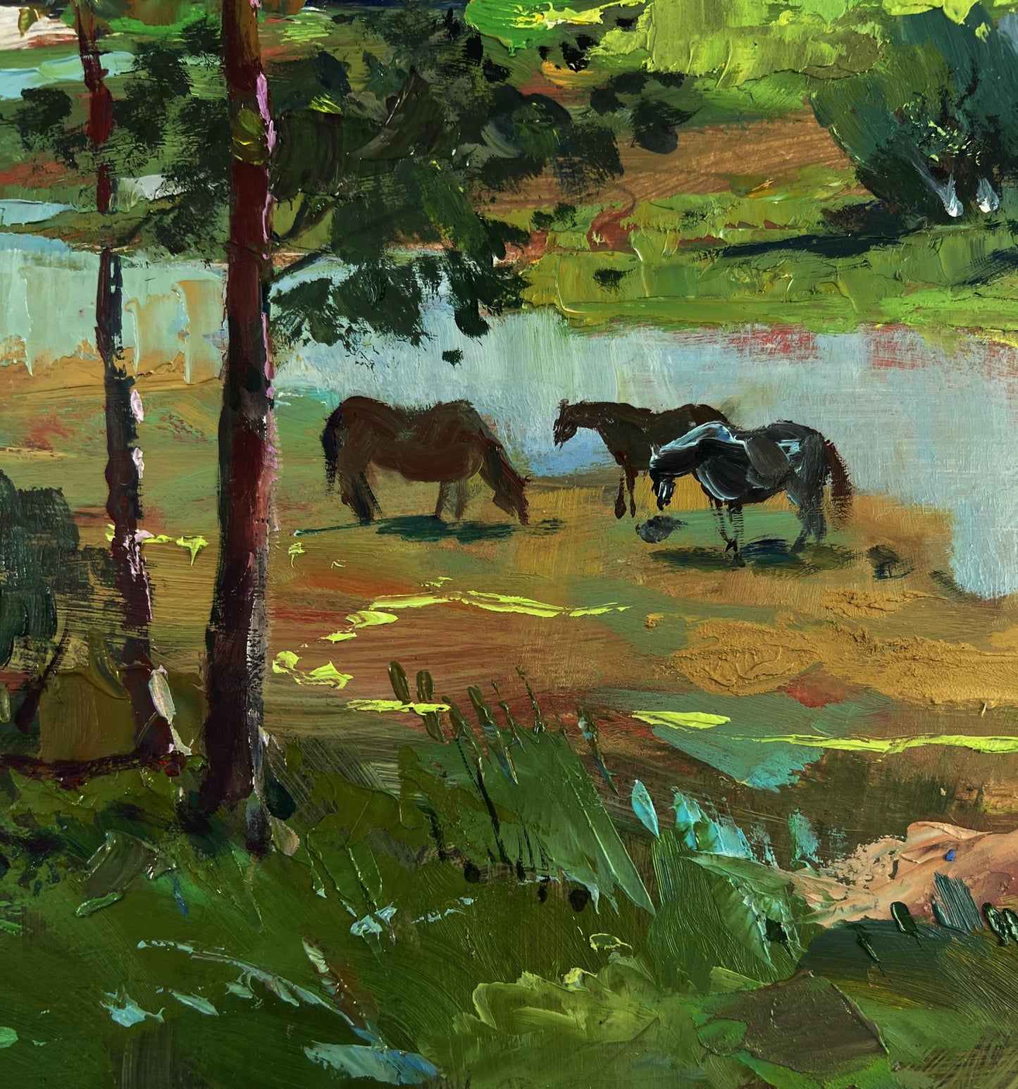 Impressionistic oil painting of three brown horses grazing by river by Yuriy Suprunchuk