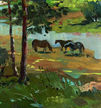 Impressionistic oil painting of three brown horses grazing by river by Yuriy Suprunchuk