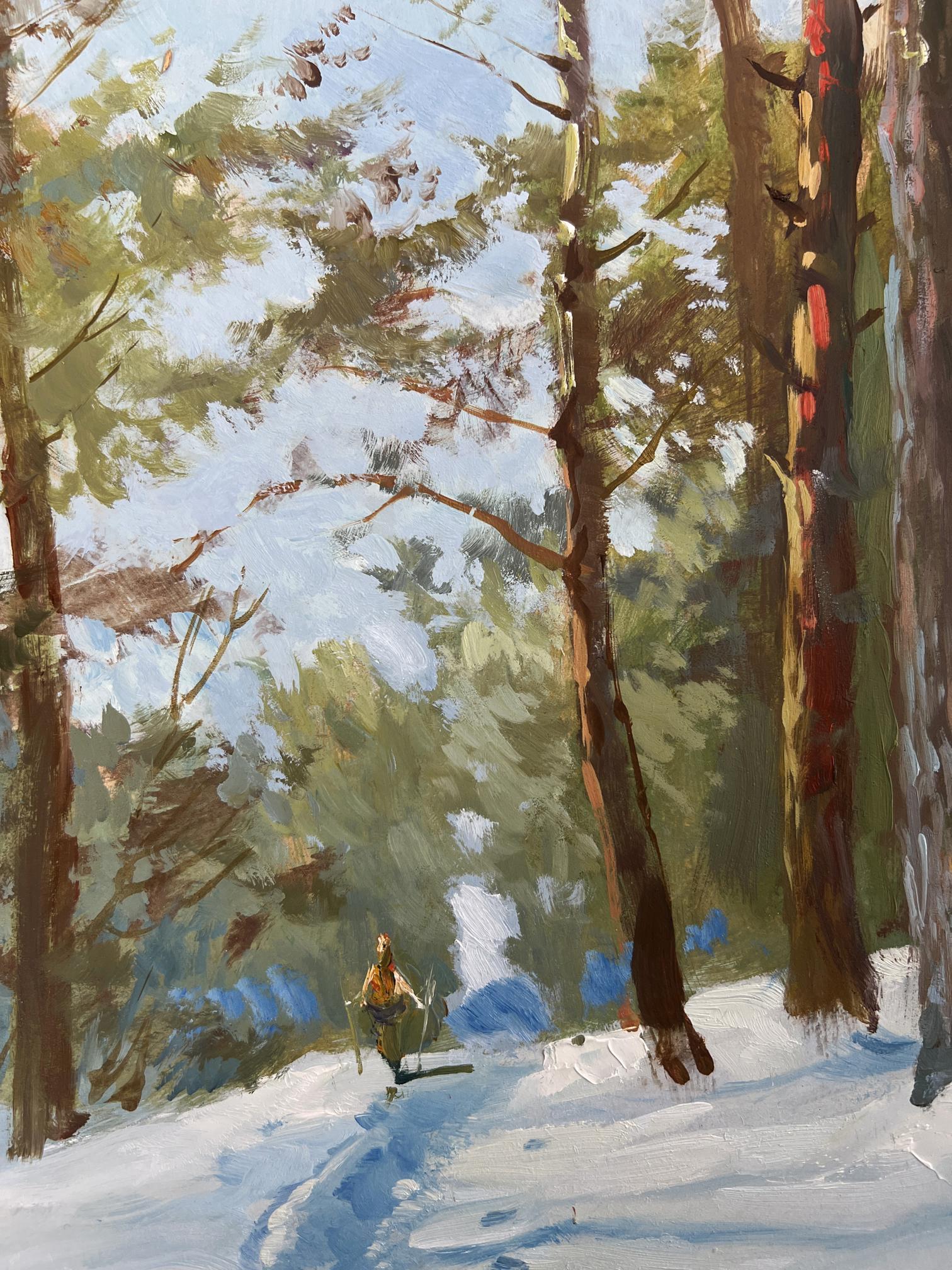 Oil painting by Yuriy Suprunchuk of lone figure walking snowy forest path