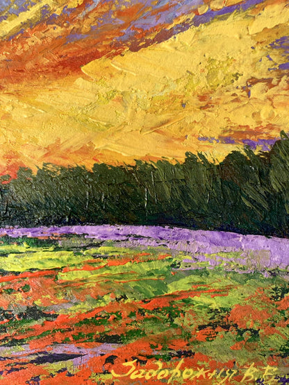 Vibrant impressionist oil painting Watching the sunset in the field by V. Zadorozhnya