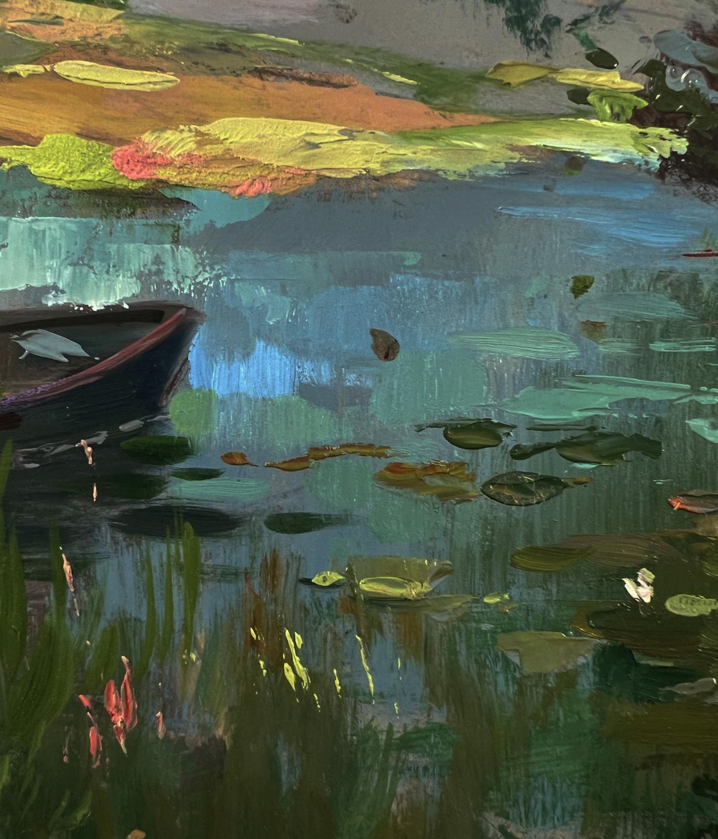 Oil painting of dark rowboat on calm lily pad river near village by Yuriy Suprunchuk
