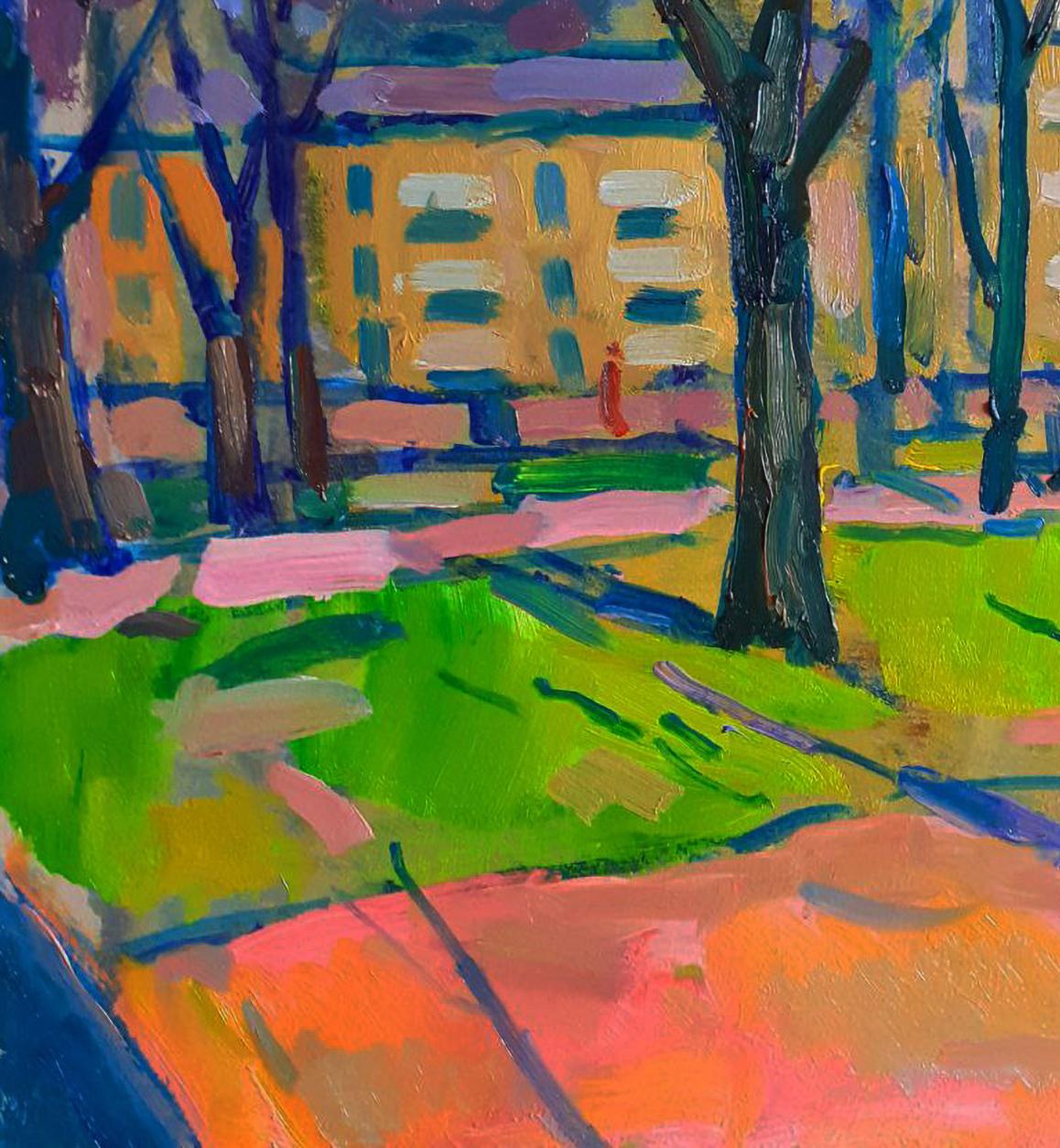 Vibrant impressionist oil painting of urban park by Pavel Dobrev